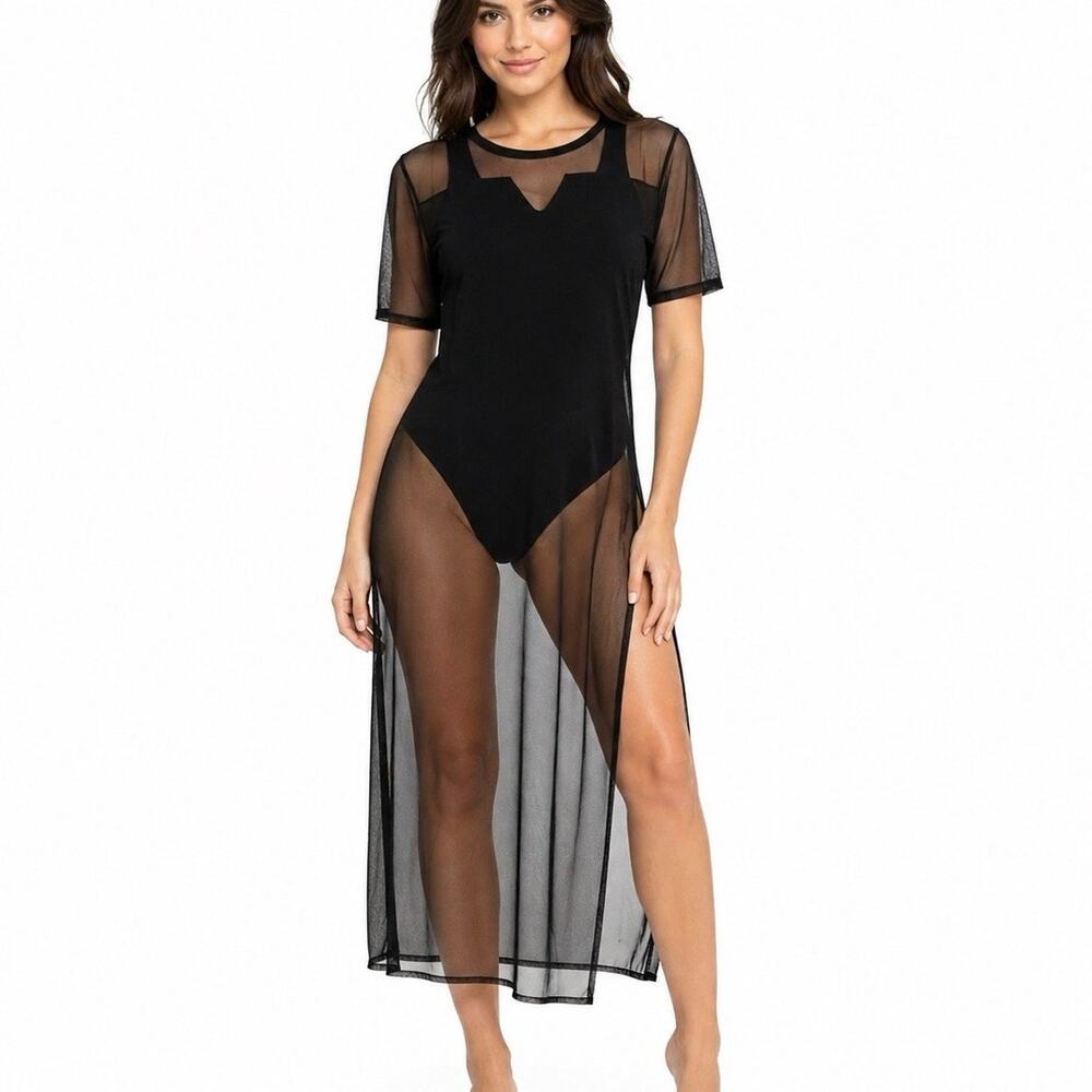 Cha Cha Vente Sheer Mesh Overlay Dress Black M Festival Swim Cover Up Layered